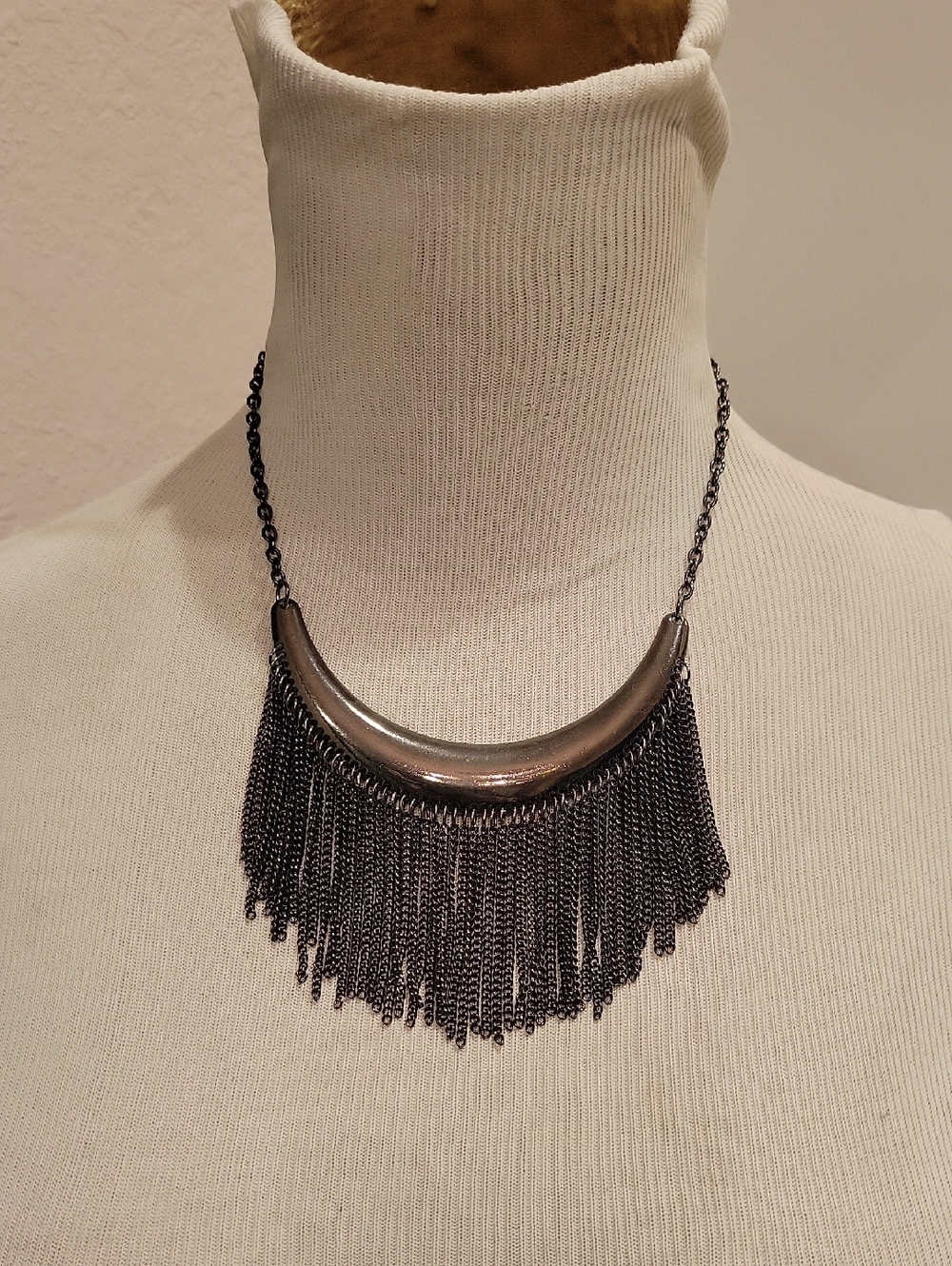 Gunmetal Fringe Crescent Statement Necklace - Women Jewelry